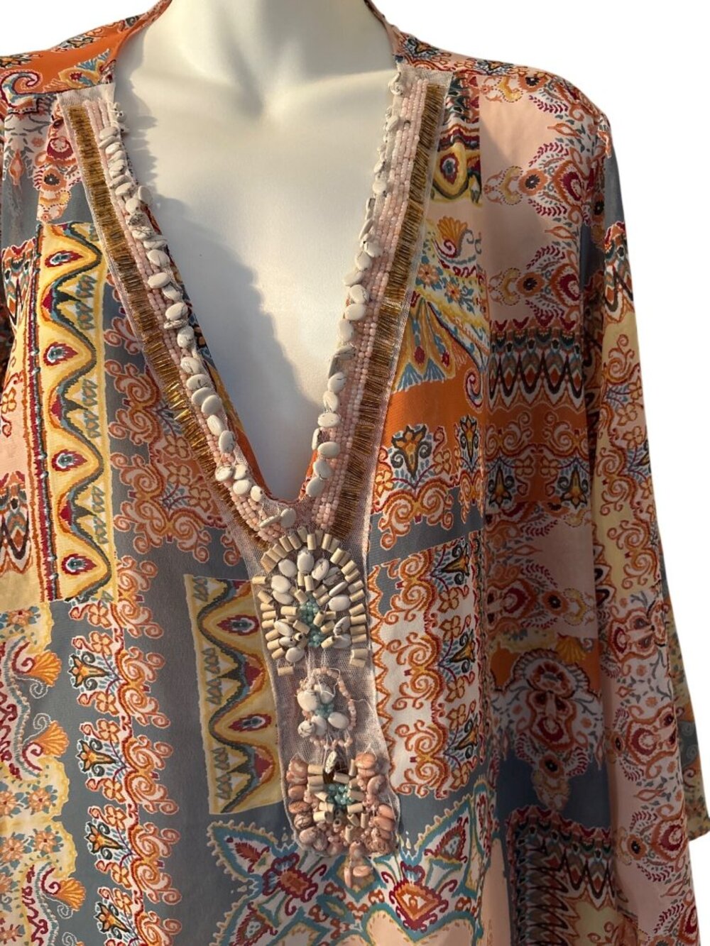 Beaded Boho Patchwork Tunic Top , Vibrant Orange Yellow Gray Pattern READ - Picture 2 of 7